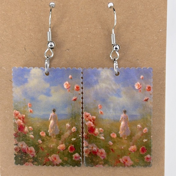 Acrylic Postage Stamp Design Dangle Earrings - Picture 1 of 2